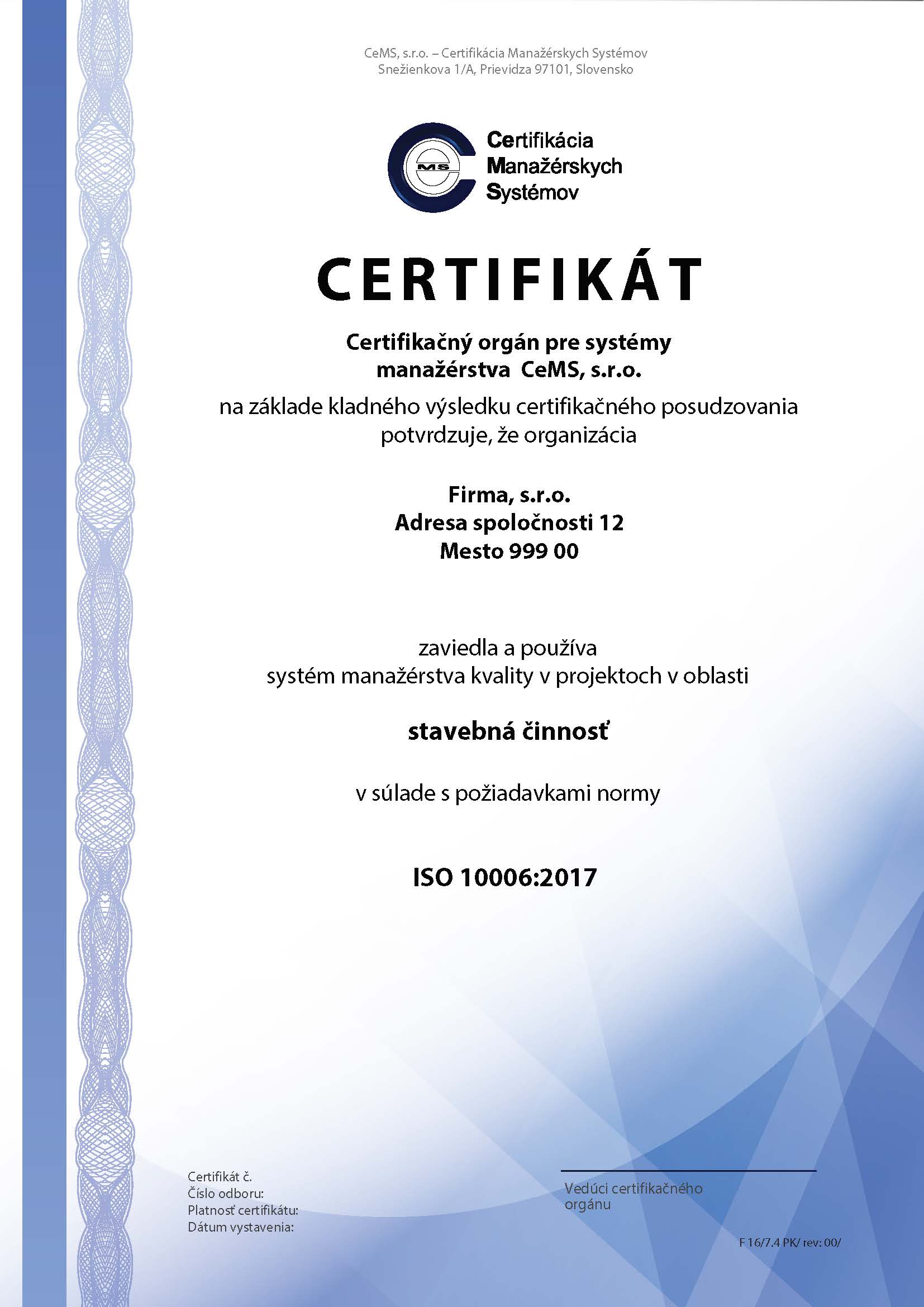 vzor certifikátu ISO 10006 od CeMS